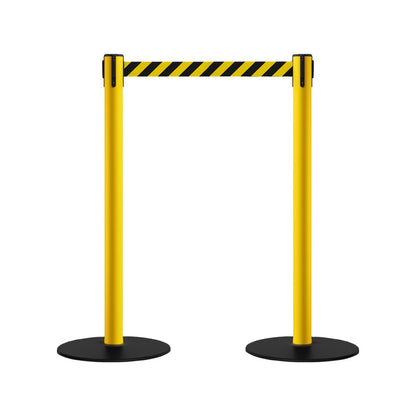 Safety Stanchion Retractable Belt Barriers, Low Profile Steel Base, Yellow Post, 7.5 Ft. Belt - Montour Line MSX630 - Crowd Control Warehouse
