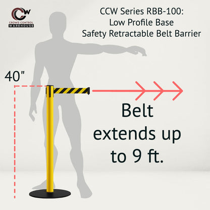 Safety Stanchion Retractable Belt Barriers, Low Profile Steel Base, Yellow Post, 9 Ft. Belt - Montour Line MSX630 - Crowd Control Warehouse