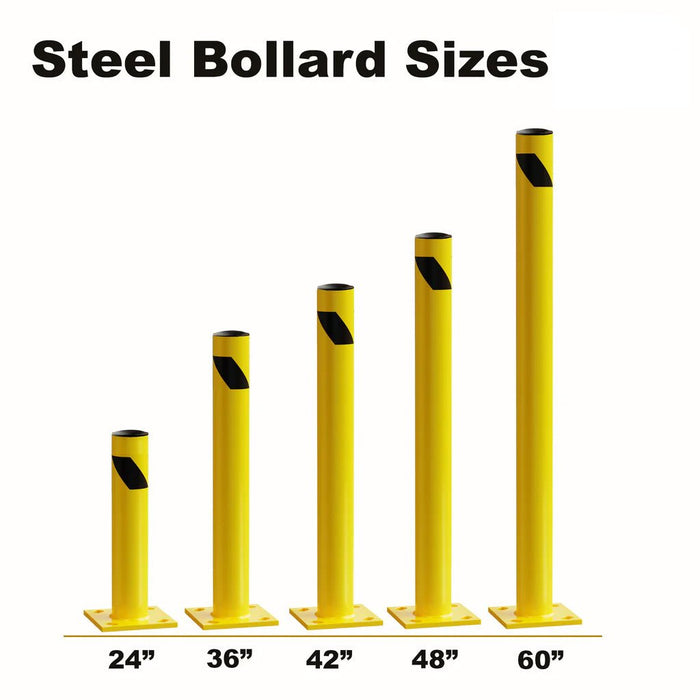 Safety Yellow Steel Bollards, 4.5" Diameter, 24 - 60" Height - Trafford Industrial - Crowd Control Warehouse