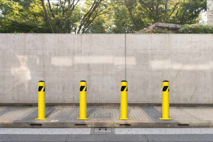 Safety Yellow Steel Bollards, 4.5" Diameter, 24 - 60" Height - Trafford Industrial - Crowd Control Warehouse