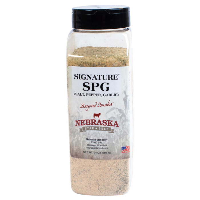 A 24 oz plastic bottle of Signature SPG (Salt, Pepper, Garlic) seasoning from Nebraska Star Beef.