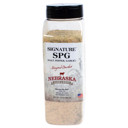 A 24 oz plastic bottle of Signature SPG (Salt, Pepper, Garlic) seasoning from Nebraska Star Beef.