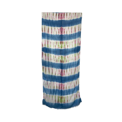 Striped scarf with blue, white, and multicolor pattern on a white background