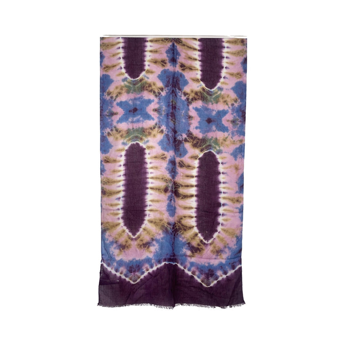 Tie-dye patterned scarf with purple, blue, and green colors on a white background