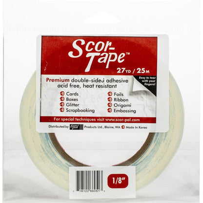 Scor-Tape - .125"X27yd. Premium double-sided adhesive that is perfect for cards, boxes, glitter, embossing, scrapbooking, foils, ribbon, origami, iris folding, micro beads, and much more! Tape is acid free and heat resistant. Available at Embellish Away located in Bowmanville Ontario Canada.