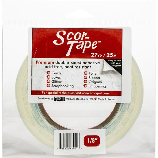 Scor-Tape - .125"X27yd. Premium double-sided adhesive that is perfect for cards, boxes, glitter, embossing, scrapbooking, foils, ribbon, origami, iris folding, micro beads, and much more! Tape is acid free and heat resistant. Available at Embellish Away located in Bowmanville Ontario Canada.