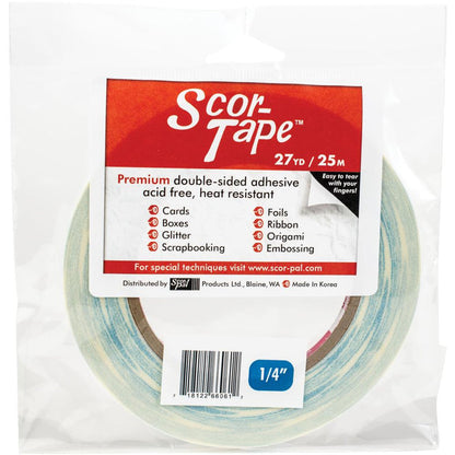 Scor-Tape - .25"X27yd. Premium double-sided adhesive that is perfect for cards, boxes, glitter, embossing, scrapbooking, foils, ribbon, origami, iris folding, micro beads, and much more! This tape is acid free and heat resistant. Available at Embellish Away located in Bowmanville Ontario Canada.