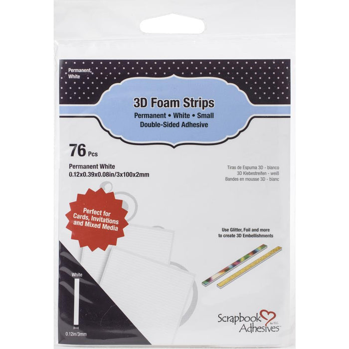 Scrapbook Adhesives - 3D Foam Strips - 76/Pkg - White - 0.12"X3.93"X0.08". Use 3D Foam Strips to create dimension on cards, scrapbook pages and mixed media crafts. High density foam does not crush and can be heat embossed. Perfect for paper to paper applications, but also works on wood, glass, plastic, canvas, metal, and ribbon. This package contains 76 .12x.39x.08 inch 3D foam strips. Available at Embellish Away located in Bowmanville Ontario Canada.