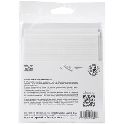 Scrapbook Adhesives - 3D Foam Strips - 76/Pkg - White - 0.12"X3.93"X0.08". Use 3D Foam Strips to create dimension on cards, scrapbook pages and mixed media crafts. High density foam does not crush and can be heat embossed. Perfect for paper to paper applications, but also works on wood, glass, plastic, canvas, metal, and ribbon. This package contains 76 .12x.39x.08 inch 3D foam strips. Available at Embellish Away located in Bowmanville Ontario Canada.