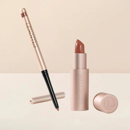 Sculpt and Hydrate Lip Duo by Lenoites featuring a Tinted Lip Balm in color amberlight, a Shape & Sculpt Lip Liner in color blush, elegantly arranged on a light beige background.