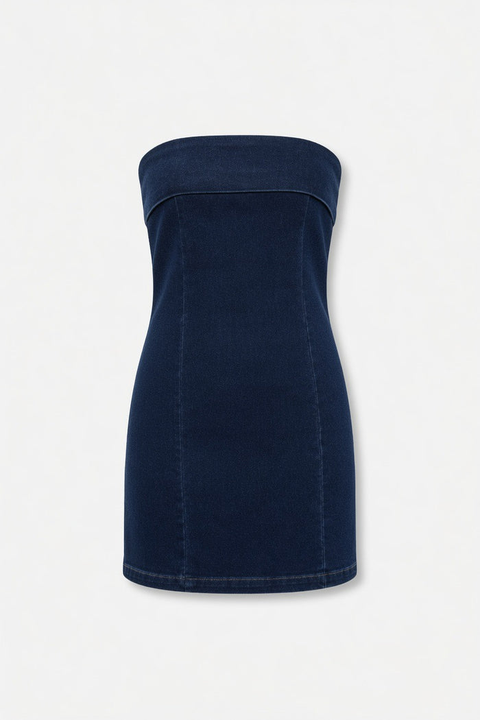 A dark navy blue strapless tube dress with a structured, fitted silhouette, shown against a plain light gray background.