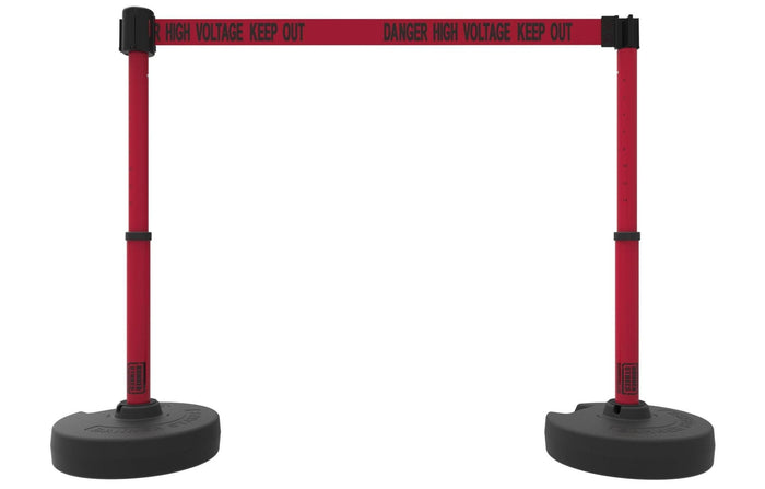 Set of 2 PLUS Line Stanchions with 15 ft Belt Head, Stake, and Base - Banner Stakes - Crowd Control Warehouse