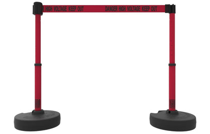 Set of 2 PLUS Line Stanchions with 15 ft Belt Head, Stake, and Base - Banner Stakes - Crowd Control Warehouse