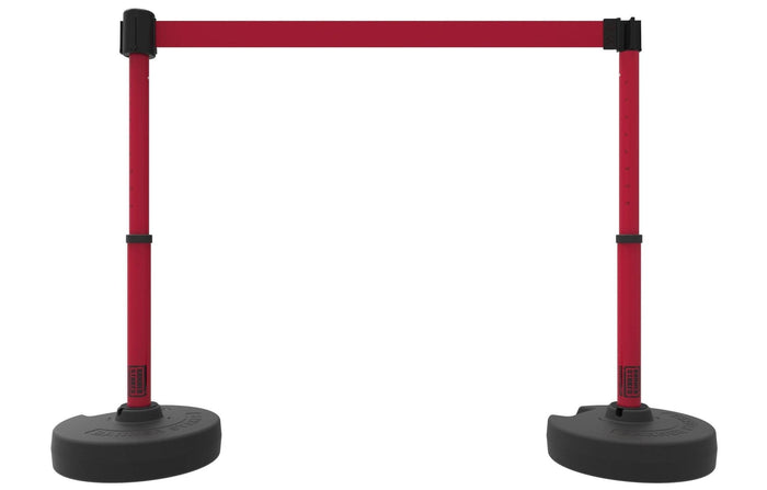Set of 2 PLUS Line Stanchions with 15 ft Belt Head, Stake, and Base - Banner Stakes - Crowd Control Warehouse
