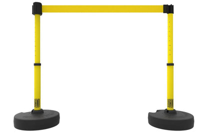 Set of 2 PLUS Line Stanchions with 15 ft Belt Head, Stake, and Base - Banner Stakes - Crowd Control Warehouse