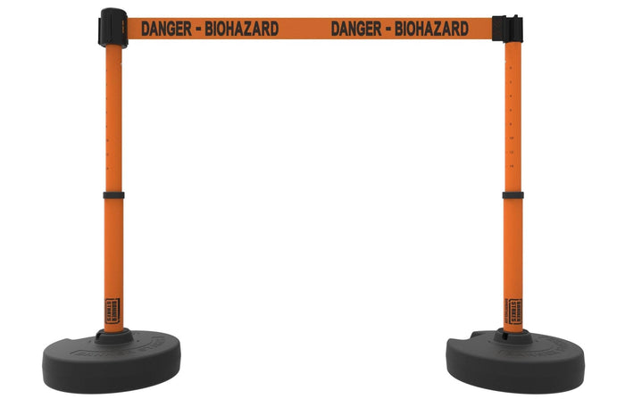 Set of 2 PLUS Line Stanchions with 15 ft Belt Head, Stake, and Base - Banner Stakes - Crowd Control Warehouse