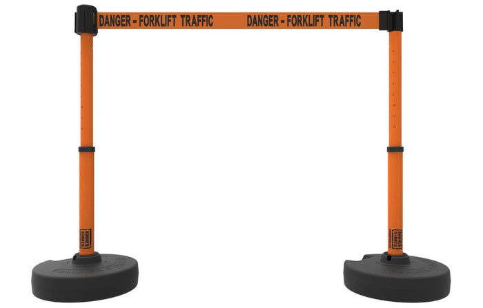 Set of 2 PLUS Line Stanchions with 15 ft Belt Head, Stake, and Base - Banner Stakes - Crowd Control Warehouse