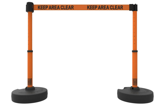 Set of 2 PLUS Line Stanchions with 15 ft Belt Head, Stake, and Base - Banner Stakes - Crowd Control Warehouse
