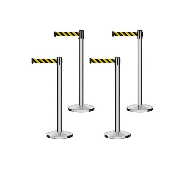 POLISHED STAINLESS STEEL POST AND BASE / BLACK&YELLOW DIAGONAL STRIPES
