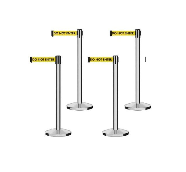 POLISHED STAINLESS STEEL POST AND BASE / YELLOW WITH "CAUTION : DO NOT ENTER" TEXT IN BLACK TEXT