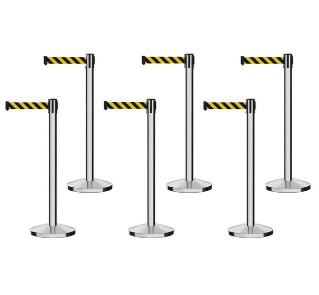 POLISHED STAINLESS STEEL POST AND BASE / BLACK&YELLOW DIAGONAL STRIPES