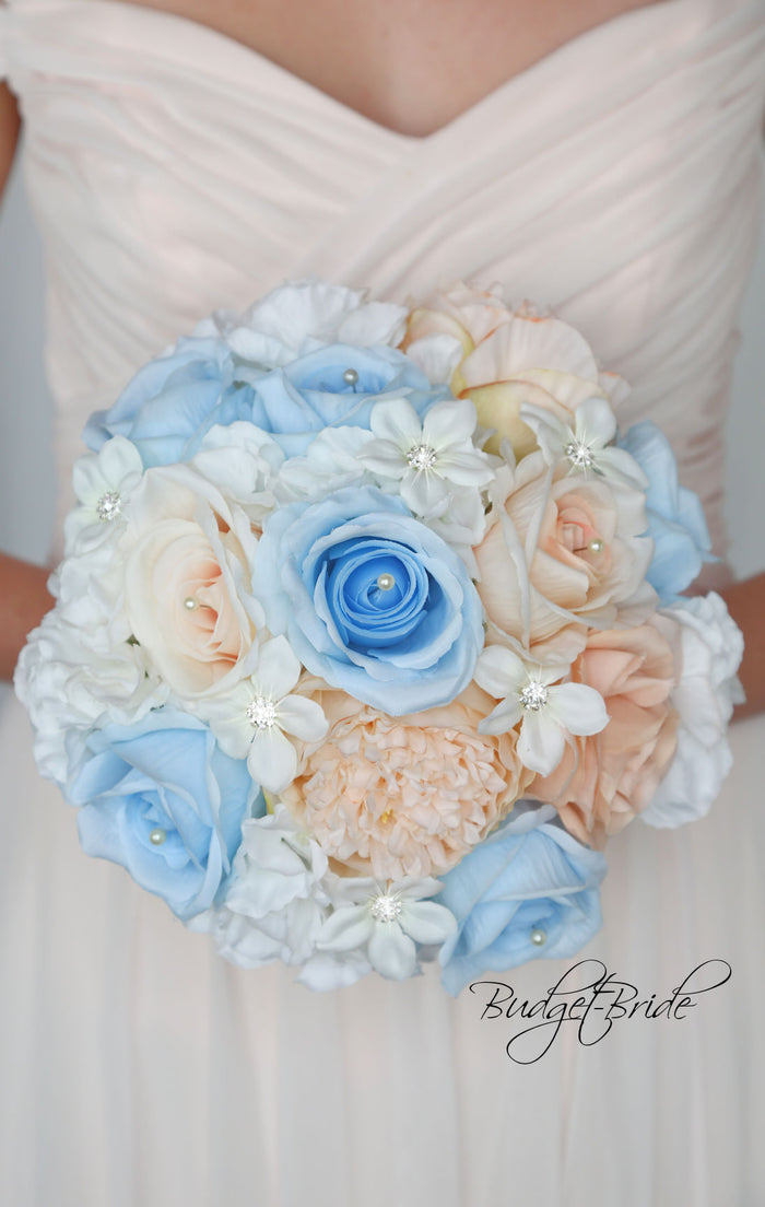 Silk Wedding Bouquet in Blue and Peach - $115.00 | Farah Collection