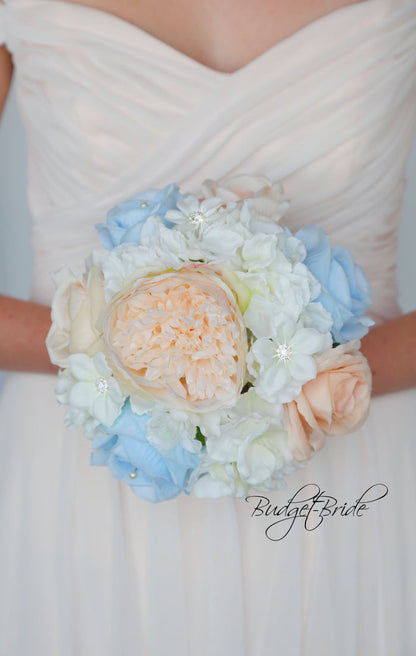 Silk Wedding Bouquet in Blue and Peach - $115.00 | Farah Collection