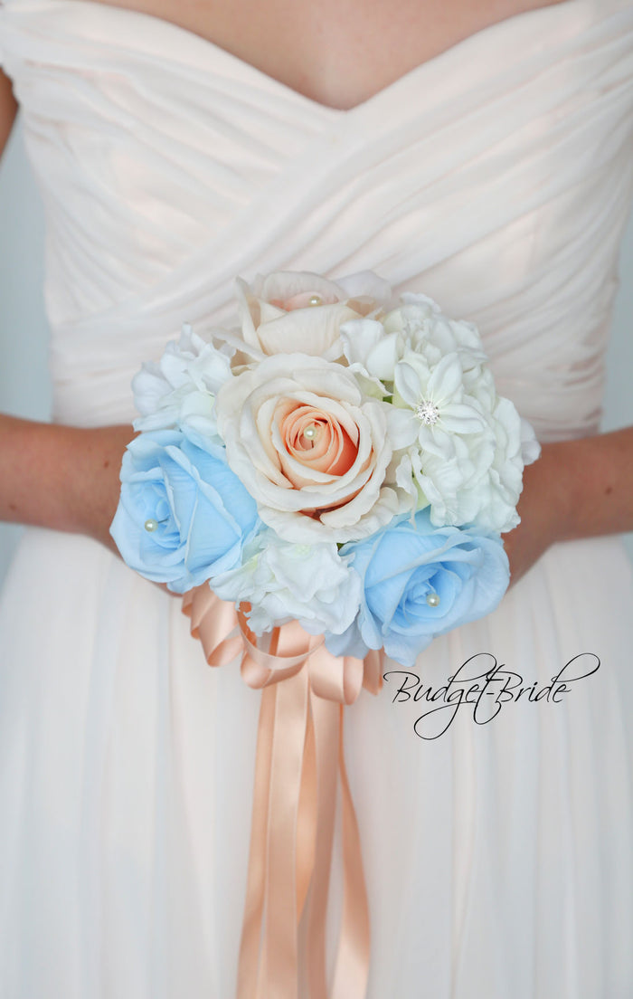 Silk Wedding Bouquet in Blue and Peach - $115.00 | Farah Collection
