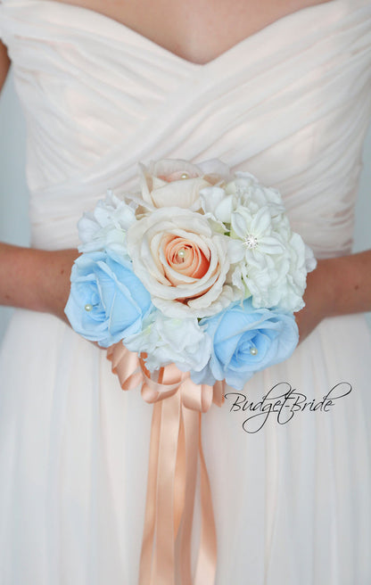 Silk Wedding Bouquet in Blue and Peach - $115.00 | Farah Collection