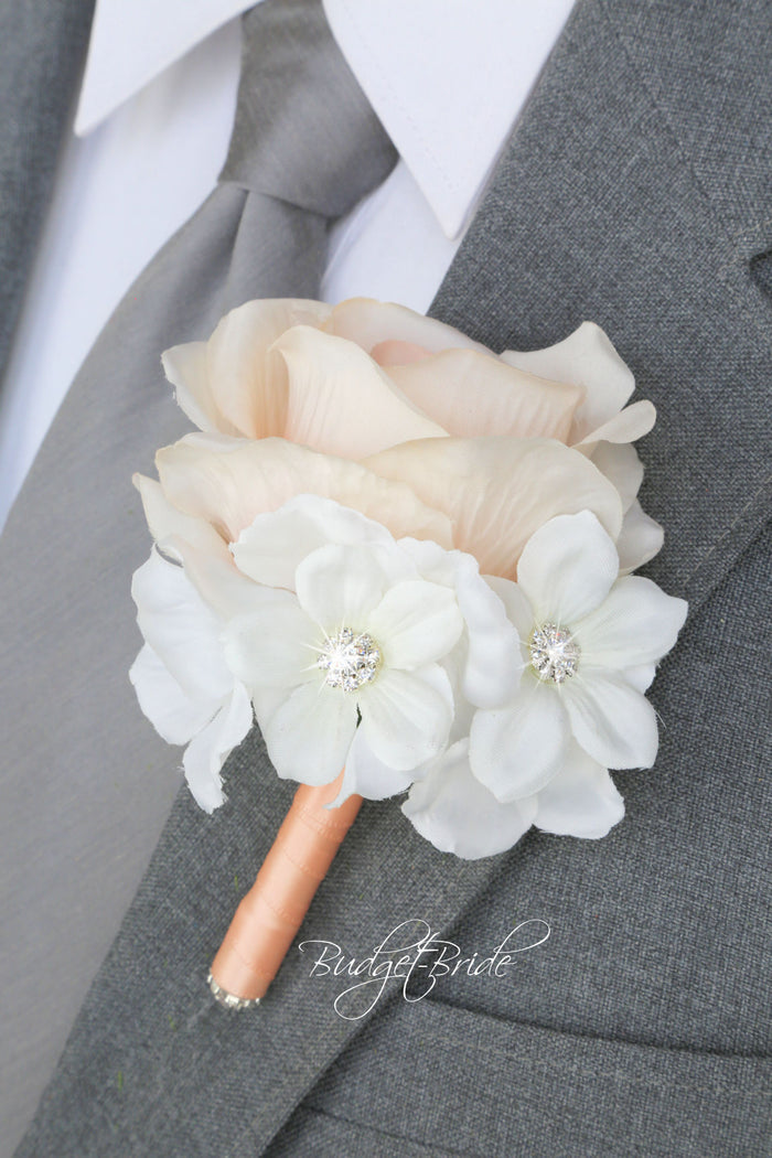 Silk Wedding Bouquet in Blue and Peach - $115.00 | Farah Collection
