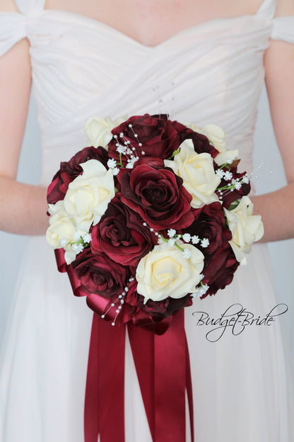 Silk Wedding Bouquet in Burgundy and Cream - $39.50| Baro Collection