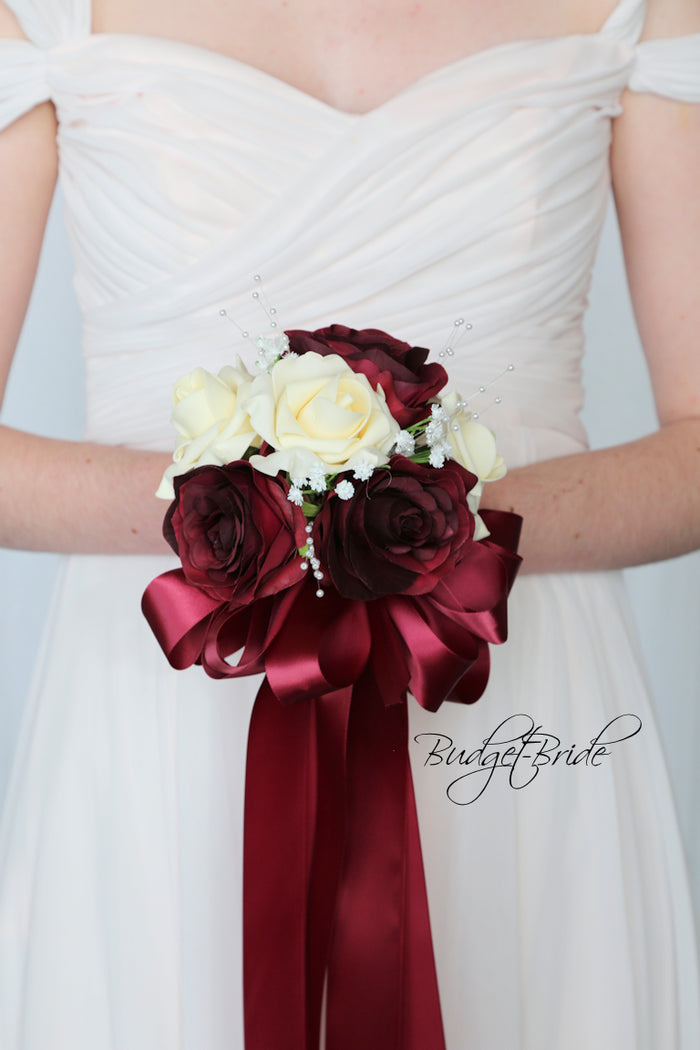 Silk Wedding Bouquet in Burgundy and Cream - $39.50| Baro Collection