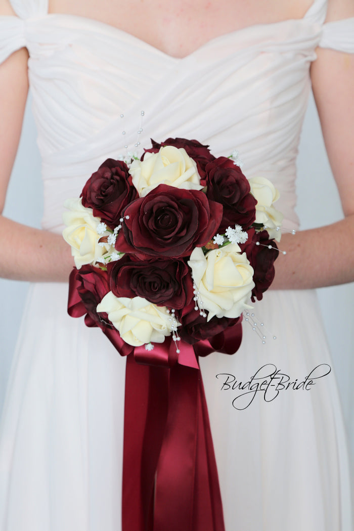 Silk Wedding Bouquet in Burgundy and Cream - $58.50| Baro Collection