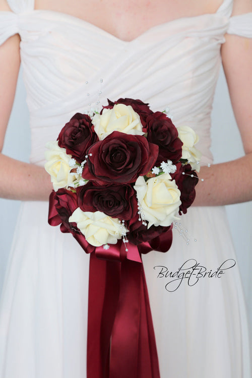 Silk Wedding Bouquet in Burgundy and Cream - $58.50| Baro Collection