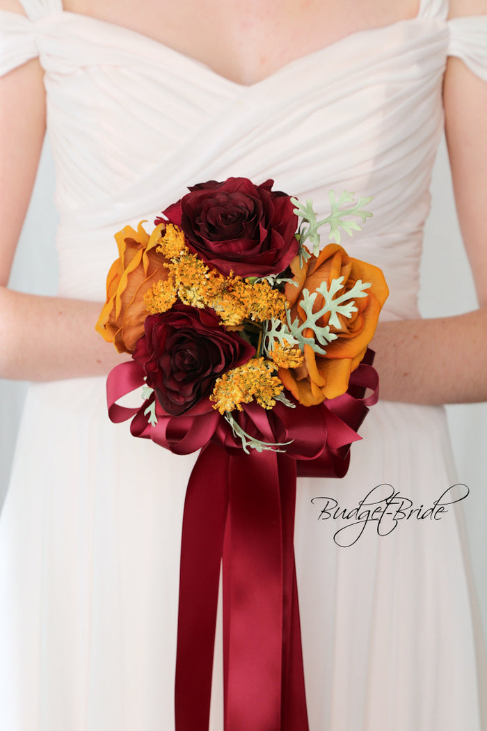 Silk Wedding Bouquet in Burgundy and Mustard - $115.00 | Finch Collection