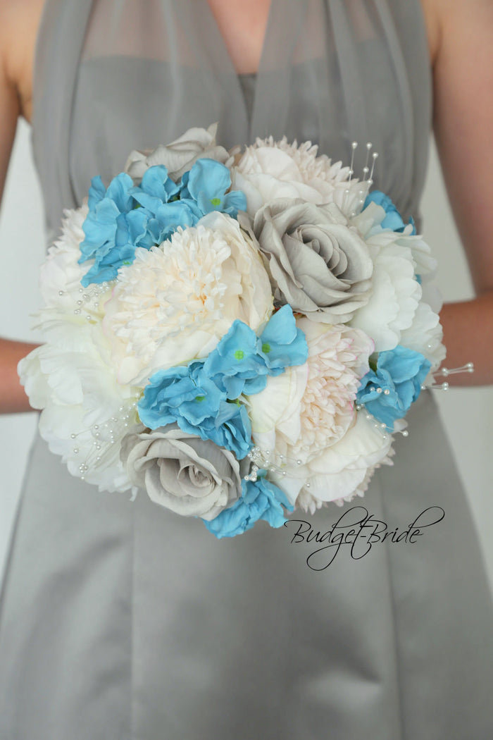 Silk Wedding Bouquet in Gray and Ocean Blue - $39.50 | Odessa Collection