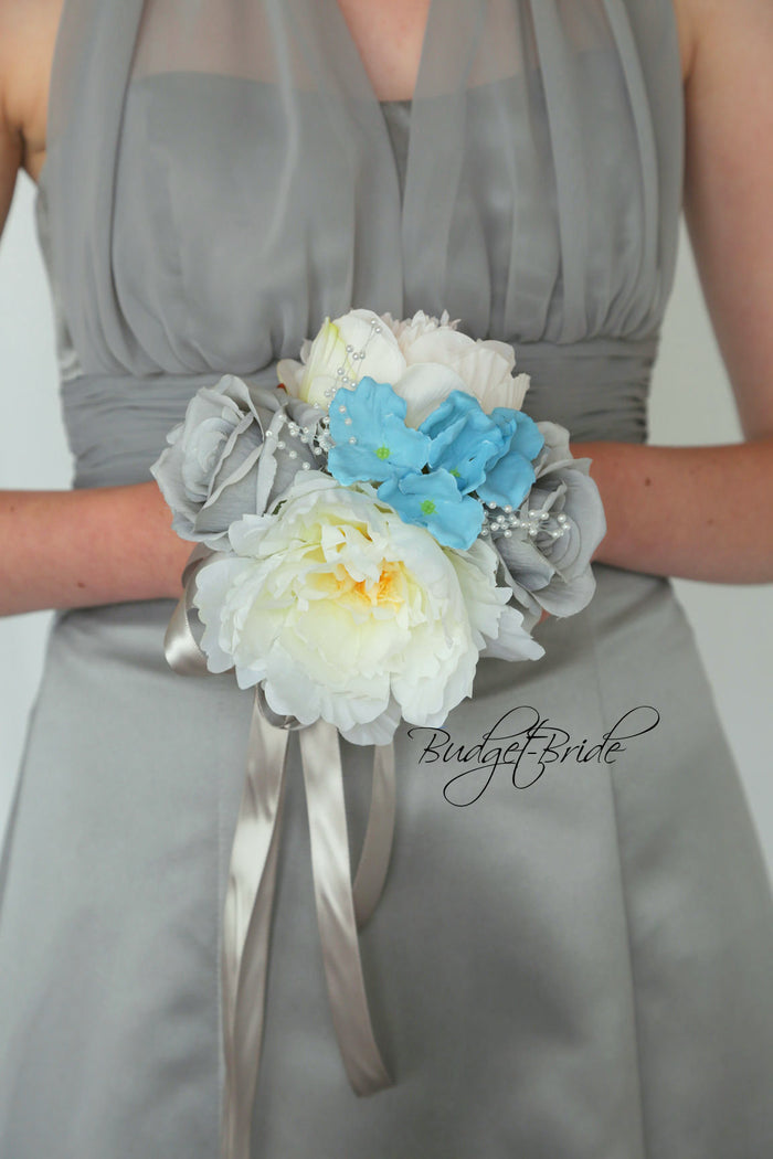 Silk Wedding Bouquet in Gray and Ocean Blue - $39.50 | Odessa Collection