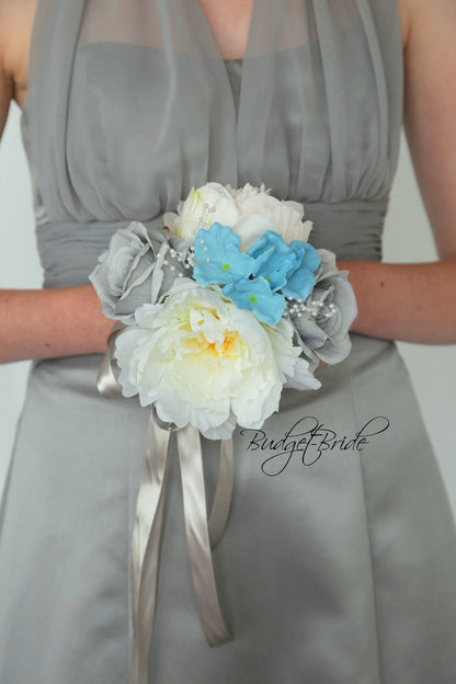 Silk Wedding Bouquet in Gray and Ocean Blue - $39.50 | Odessa Collection