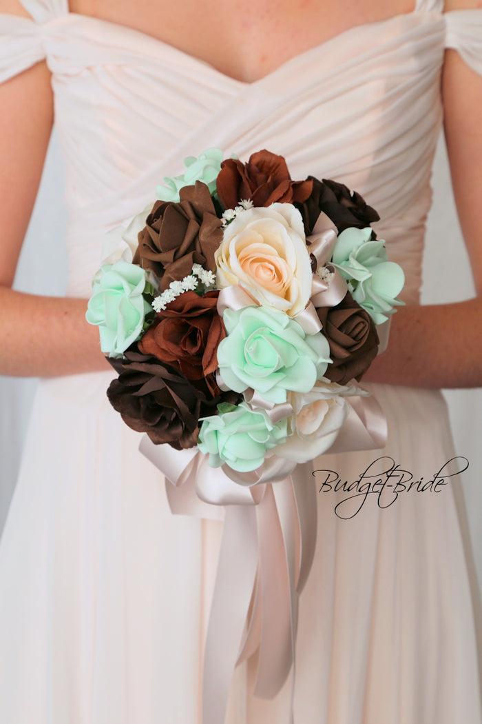 Silk Wedding Bouquet in Mint and Brown - $39.50 | Flagstaff Collection