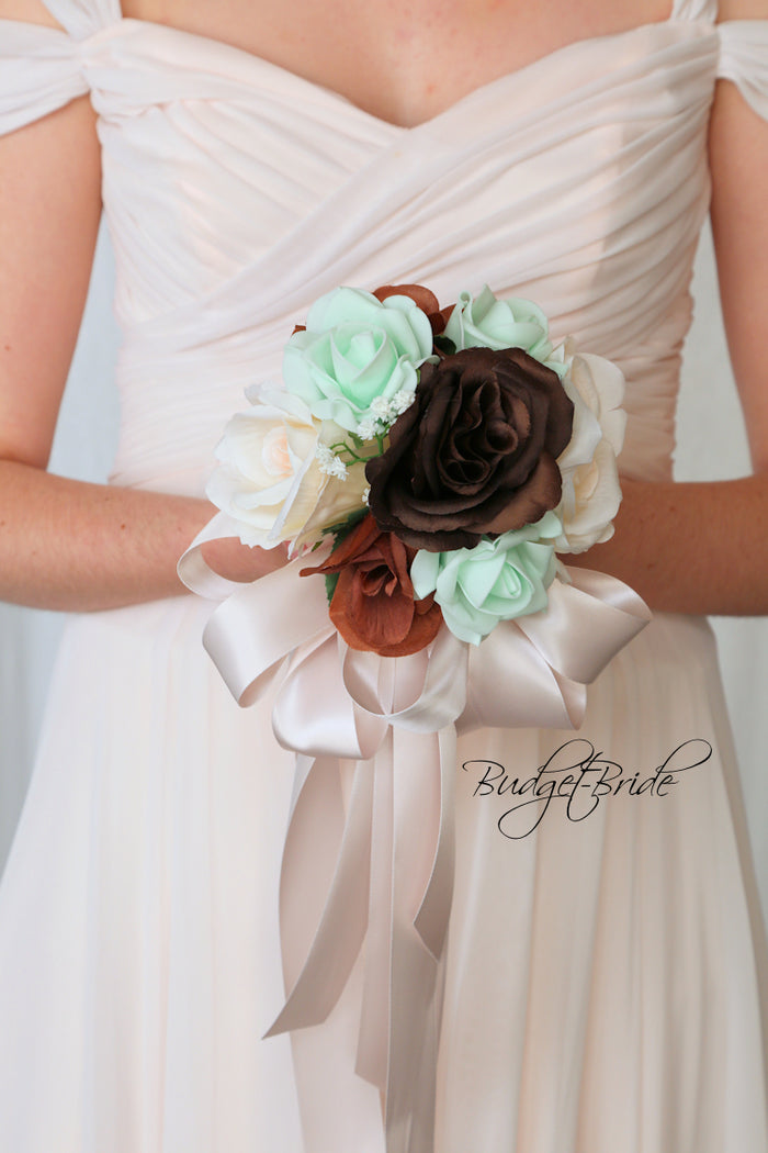 Silk Wedding Bouquet in Mint and Brown - $39.50 | Flagstaff Collection