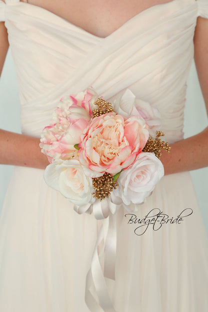 Silk Wedding Bouquet in Pink and Gold - $39.50 | Paxton Collection