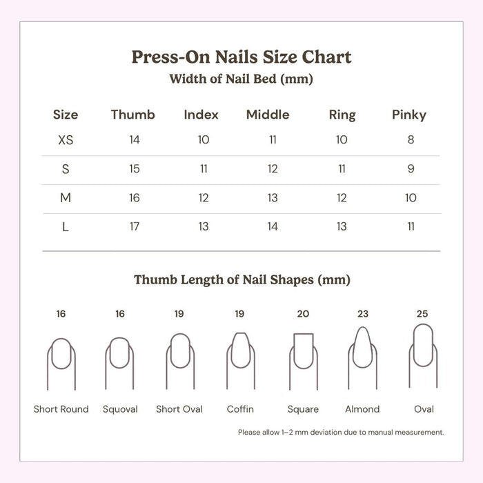 The EyeCandys  Press-On Nails size chart features nail bed widths in mm for XS, S, M, and L, with thumb shape/length illustrations (16-25mm)—ideal for getting a salon gel manicure look at home.