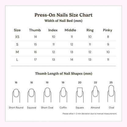 The EyeCandys  Press-On Nails size chart features nail bed widths in mm for XS, S, M, and L, with thumb shape/length illustrations (16-25mm)—ideal for getting a salon gel manicure look at home.