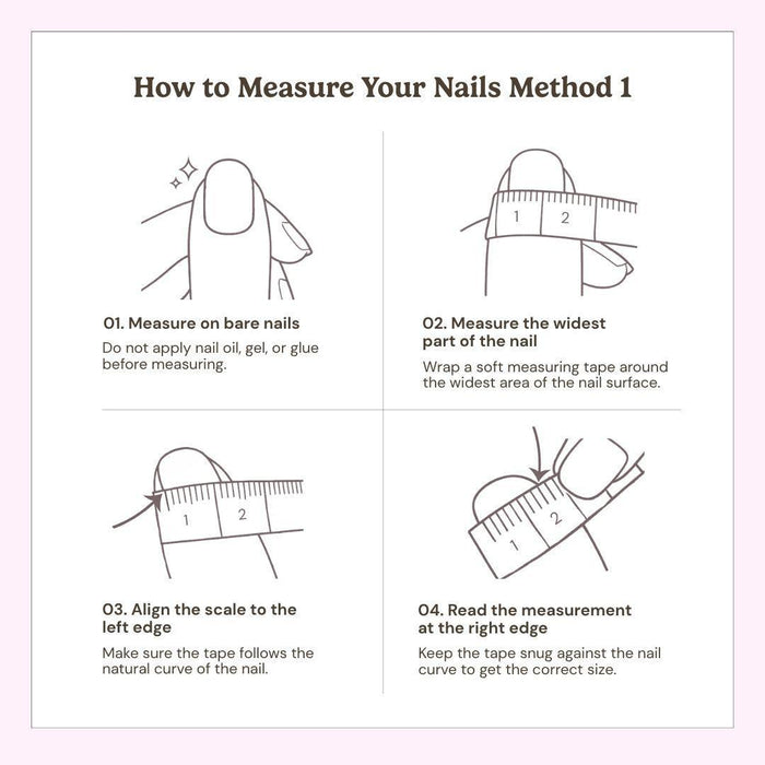 EyeCandys’ Silver Spotted Press-On Nails include an illustrated guide showing how to measure your bare nails with a tape measure—wrap across the widest part, align to the left edge, and note the measurement at the right edge.