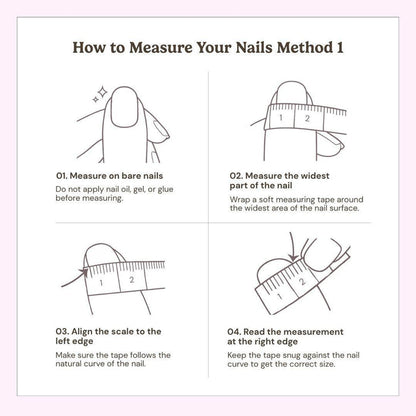 EyeCandys’ Silver Spotted Press-On Nails include an illustrated guide showing how to measure your bare nails with a tape measure—wrap across the widest part, align to the left edge, and note the measurement at the right edge.