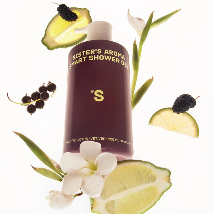 Sister's Aroma Smart Shower Gel bottle with natural elements on a white background