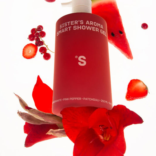 Sister's Aroma Shower Gel Pomegranate Wood with red flowers and berries on a white background