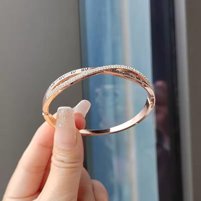 Sleek Gold Plated Roman Numeral Stylish Cuff Bangle Bracelet with Shiny Crystals