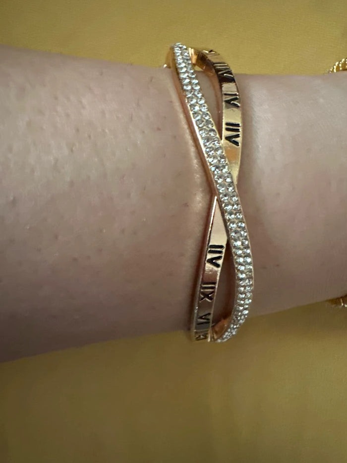 Sleek Gold Plated Roman Numeral Stylish Cuff Bangle Bracelet with Shiny Crystals