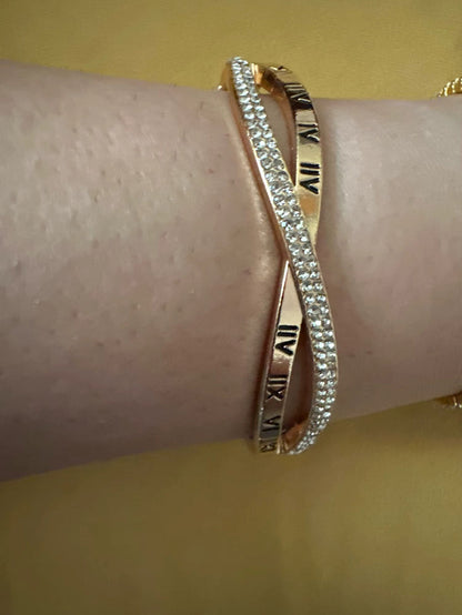 Sleek Gold Plated Roman Numeral Stylish Cuff Bangle Bracelet with Shiny Crystals